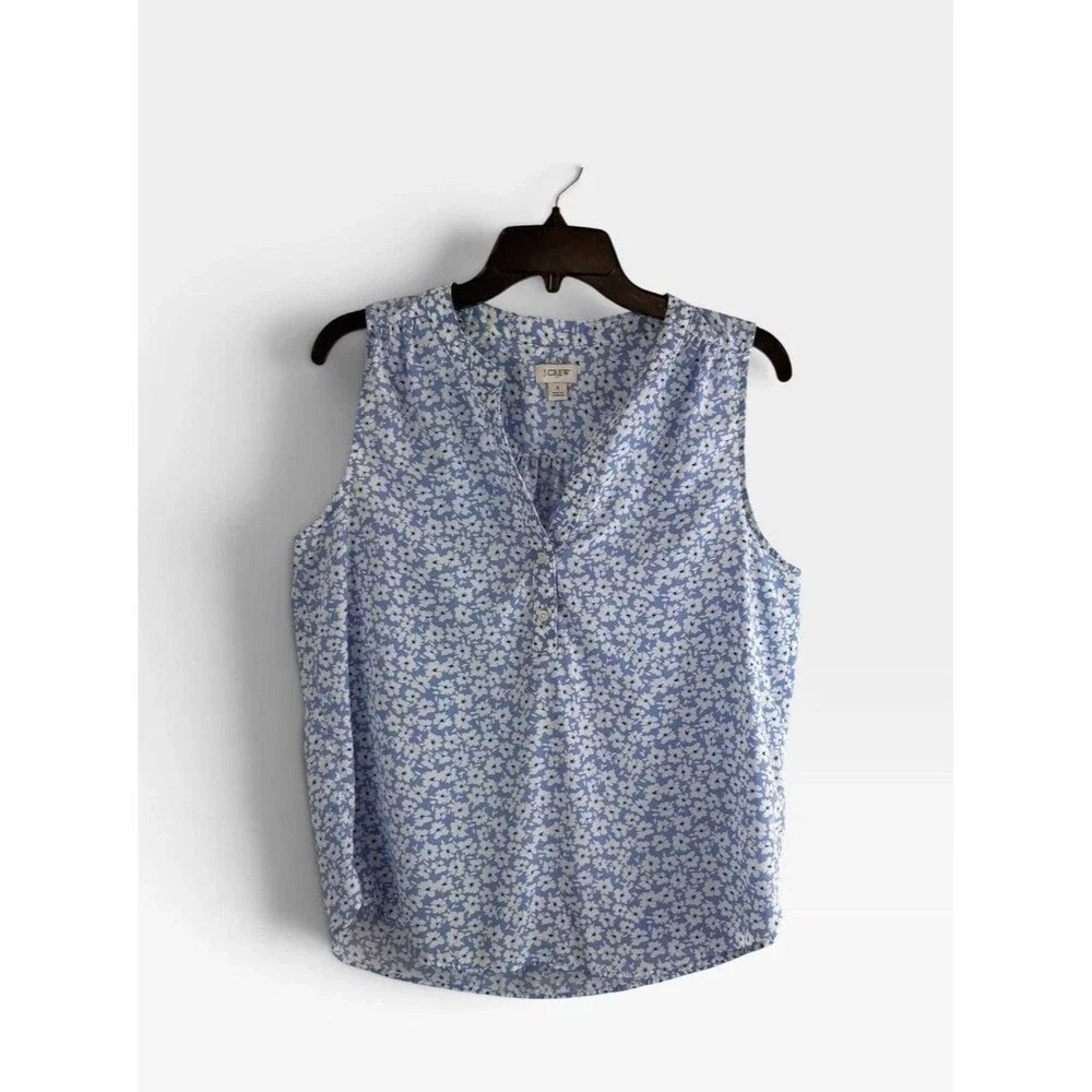 J Crew Womens Shirt Adult Size Small Blue Floral Sleeveless Button Placket